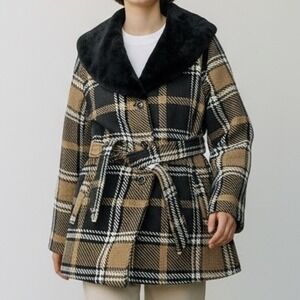 ELLEN REYES Plaid Trench Coat Women XL Faux Fur Collar preppy mob wife